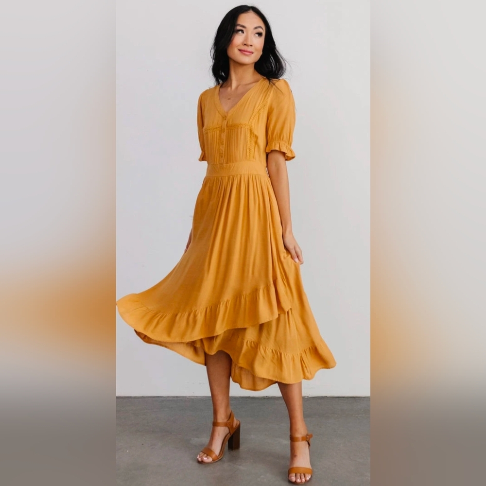 Baltic Born Cascading Ruffle Pleated Button Top Puff Sleeve Textured Front Midi